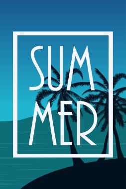 Kartpostal tropikal peyzaj ile. Yaz arka plan Palm ağaçlar siluet. Vektör çizim.