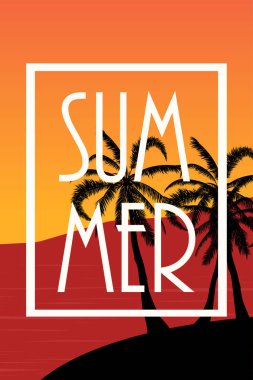 Kartpostal tropikal peyzaj ile. Yaz arka plan Palm ağaçlar siluet. Vektör çizim.