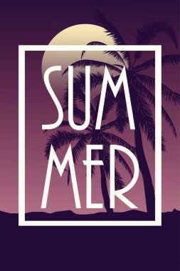 Kartpostal tropikal peyzaj ile. Yaz arka plan Palm ağaçlar siluet. Vektör çizim.