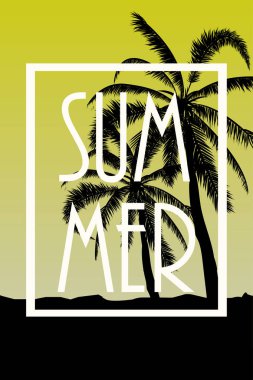 Kartpostal tropikal peyzaj ile. Yaz arka plan Palm ağaçlar siluet. Vektör çizim.