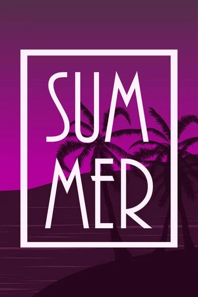 Postkarte Mit Tropischer Landschaft Sommer Hintergrund Palmen Silhouette Vektorillustration — Stockvektor