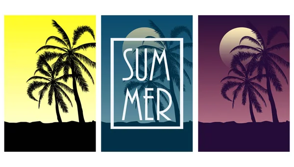 Set Postcards Tropical Landscape Collection Summer Backgrounds Palm Trees Silhouette — Stock Vector