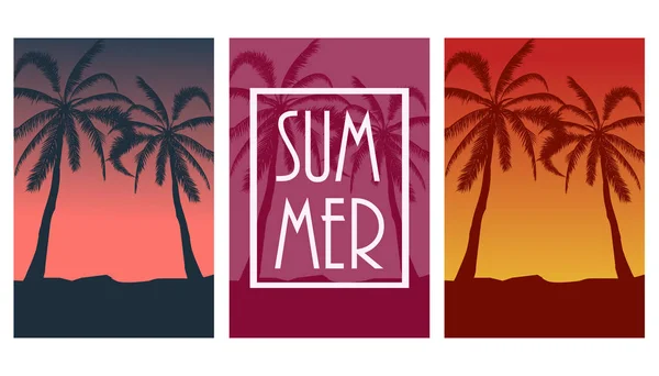 Conjunto Postales Con Paisaje Tropical Colección Fondos Verano Silueta Palmeras — Vector de stock