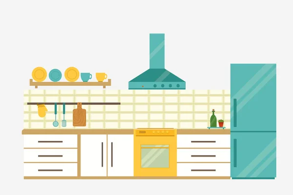 Keuken interieur. Platte keuken interieur. Vectorillustratie. — Stockvector