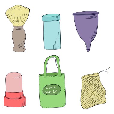 Sıfır atık kavramı. Sıfır atık hayatın elle çizilmiş elemanları. Vektör çizim.