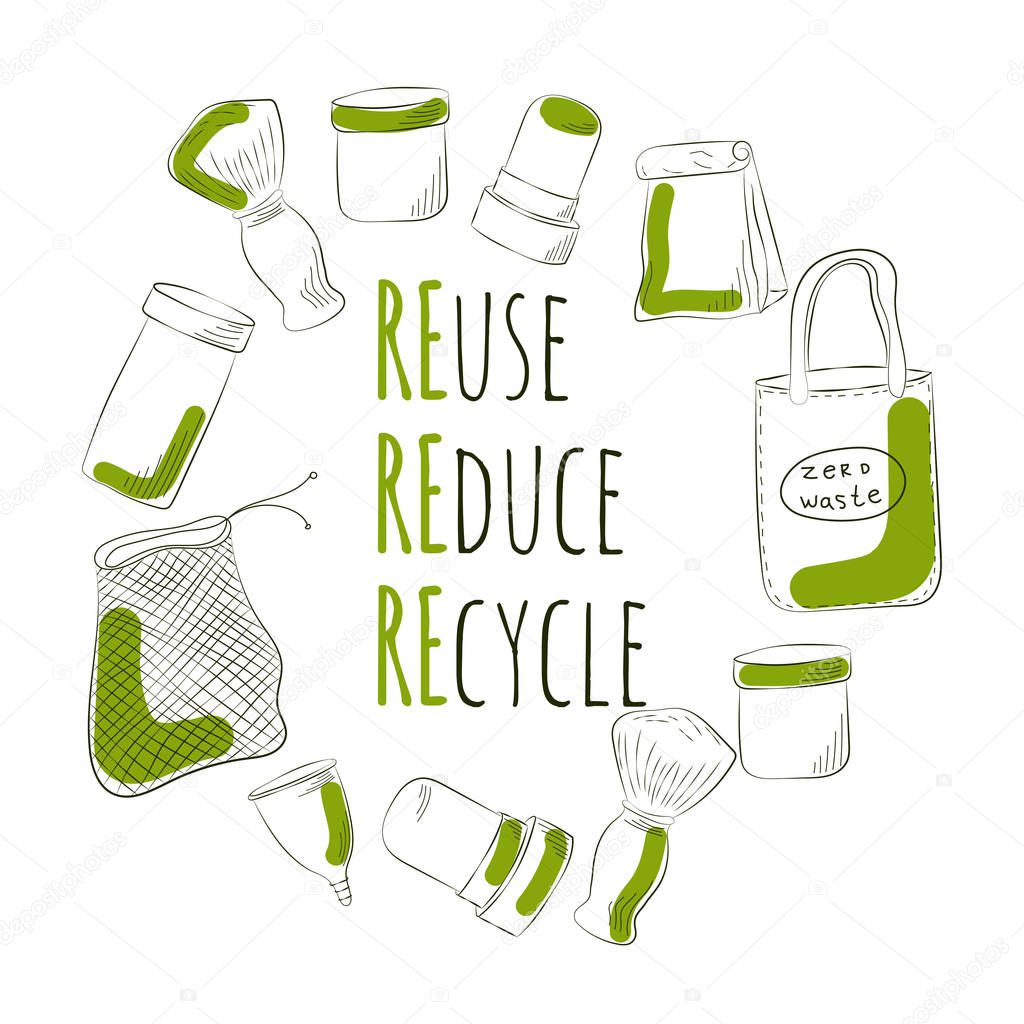 Zero Waste Concept. Hand drawn elements of zero waste life. Vector illustration.