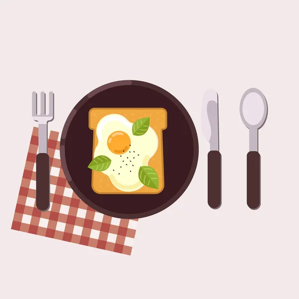 Τοστ με τηγανητό αυγό που σερβίρεται σε ένα πιάτο με πιρούνι, μαχαίρι, κουτάλι και πετσέτα. Υγιεινά τρόφιμα. Εικονογράφηση διάνυσμα. — Διανυσματικό Αρχείο