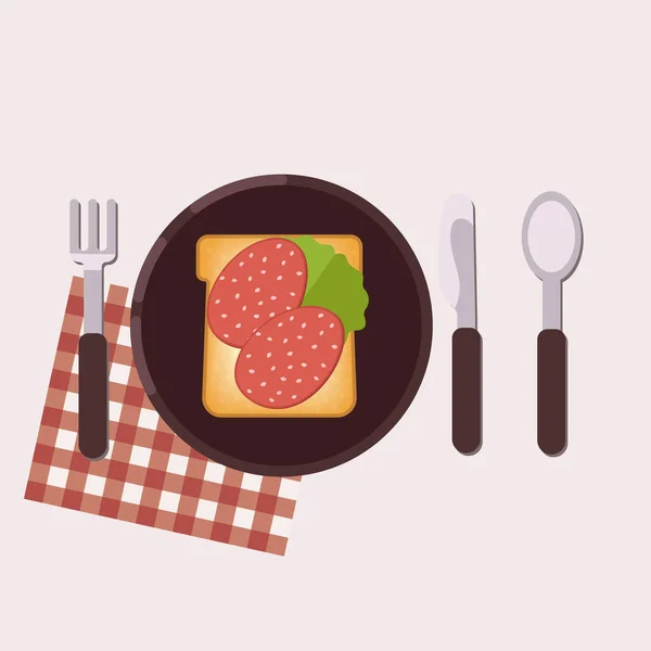 Bir çatal, bıçak, kaşık ve peçete ile tabakta salam, tereyağı ve yeşil salata ile tost. Sağlıklı gıda. Vektör çizim. — Stok Vektör