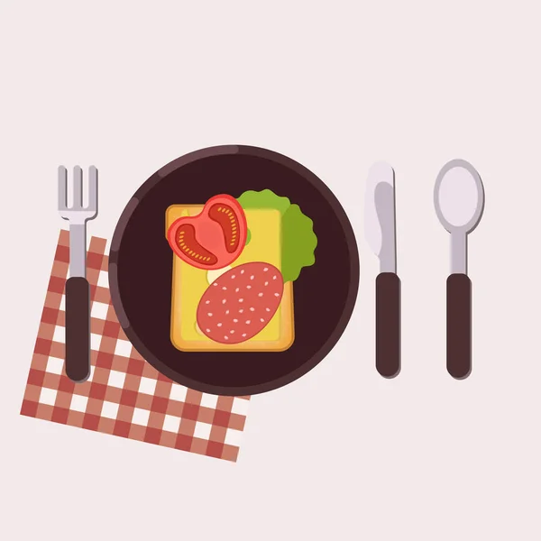 Toast met kaas, salami, boter, tomaat en groene salade geserveerd op een bord met vork, mes, lepel en servet. Gezonde voeding. Vectorillustratie. — Stockvector