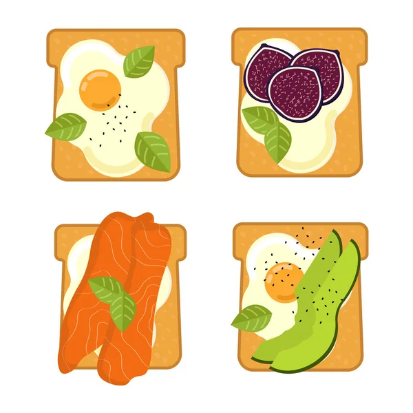 Set di panini con ingredienti diversi. Toast con avocado, salame, formaggio, salmone, bacche, fragola, fico. Cibo sano. Illustrazione vettoriale . — Vettoriale Stock