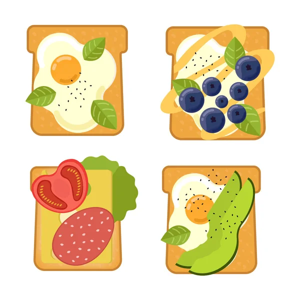 Sandwiches mit verschiedenen Zutaten. Toast mit Avocado, Salami, Käse, Lachs, Beeren, Erdbeere, Feige. Gesunde Ernährung. Vektorillustration. — Stockvektor