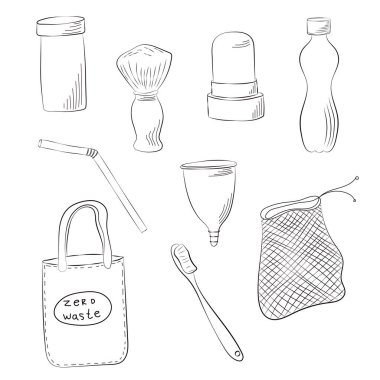 Sıfır atık kavramı. Elle çizilmiş öğeleri. Vektör çizim.