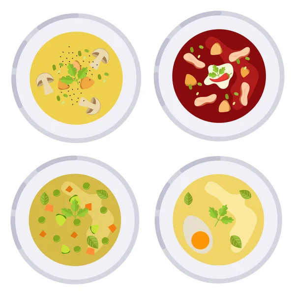 Menü koncepció. Különböző levesek gyűjteménye. Vektoros illusztráció. — Stock Vector