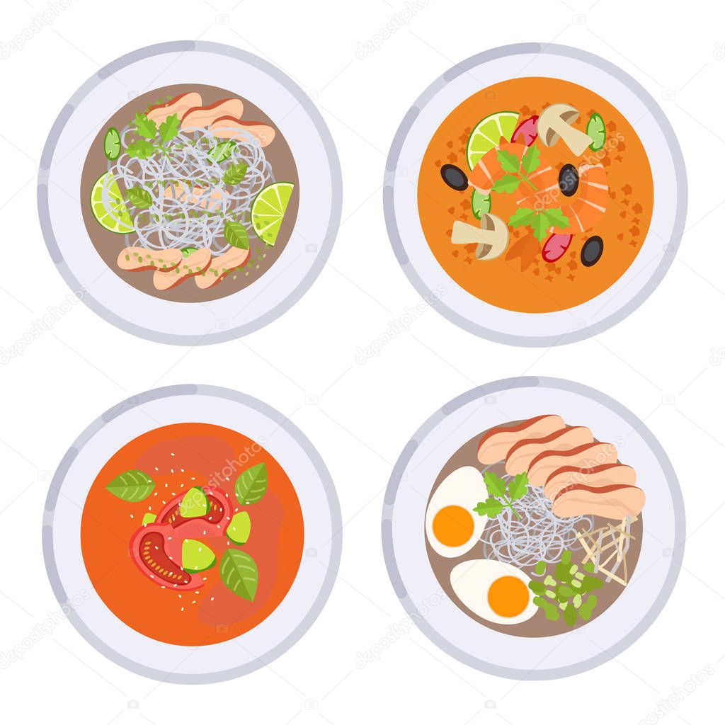 Menu concept. Collection of different soups. Vector illustration.