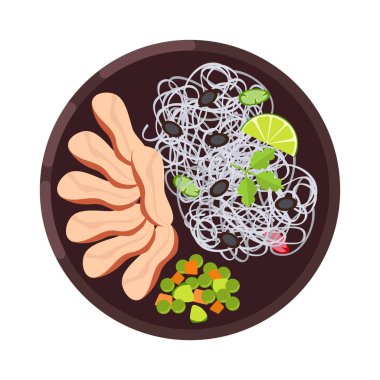 Menü kavramı. Akşam yemeği menüsü. Düz stil çorbaya. Vektör çizim.