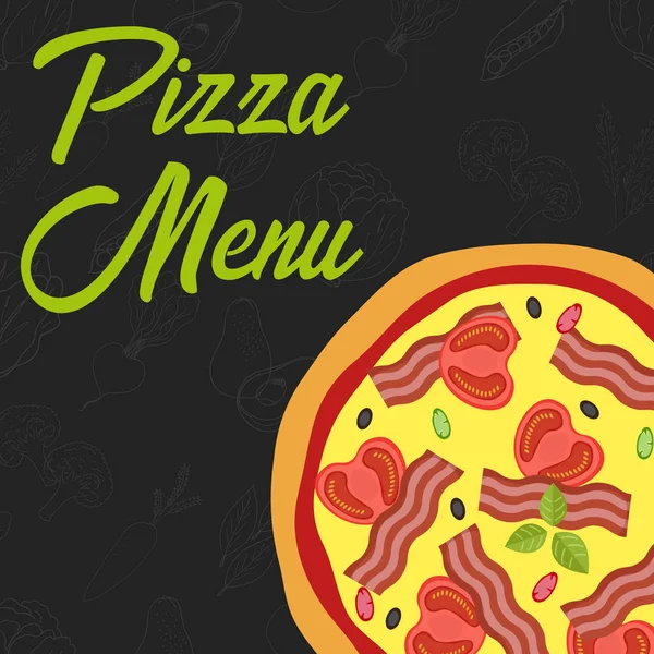 Concepto de menú. Pizza plana. Comida rápida. Ilustración vectorial — Vector de stock