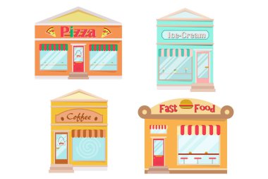 Vektör modern Cafe, fast food, dondurma ve pizza detaylı cephe düz tarzı. Vektör çizim. Düz illüstrasyon.
