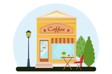 Vektör modern café detaylı cephe düz tarzı. Vektör çizim. Düz illüstrasyon.