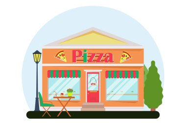 Düz stilde vektör modern pizza kafe detaylı cephe. Vektör çizim. Düz illüstrasyon.