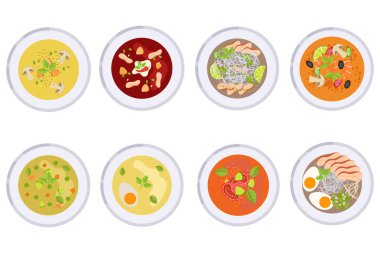 Büyük geleneksel çorba yemek düz Stil kümesi.