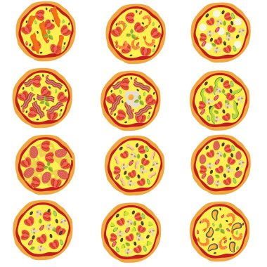 Büyük geleneksel pizza yemek düz Stil kümesi.