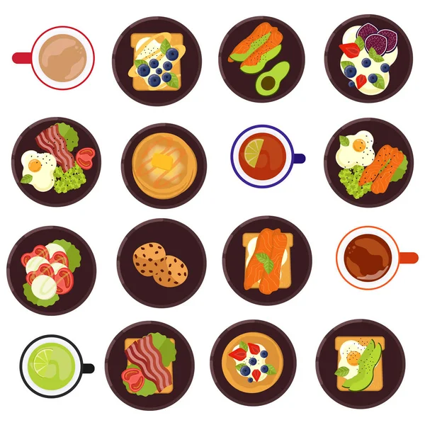 Gran juego de comida tradicional de desayuno en estilo plano . — Vector de stock