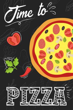 Pizza yemek zamanı. Kara tahta poster. Vectro illüstrasyon.