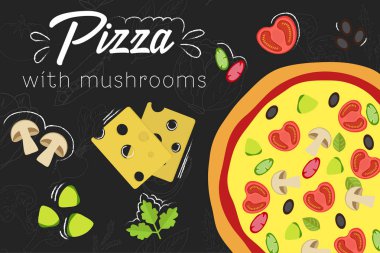 Pizza tarifi. Düz stil illüstrasyon. Kara tahta arka plan üzerinde pizza.