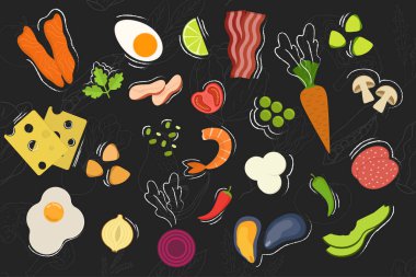 Düz tarzda gıda simgeleri ayarlayın. Meyveler, sebzeler, et, balık, ekmek, peynir, tatlılar.