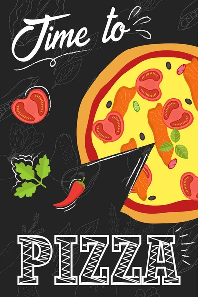 Está na hora de comer pizza. Cartaz de cartão. Ilustração Vectro . —  Vetores de Stock