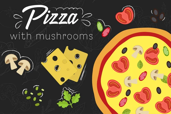 Pizza recept. Platt stil illustration. Pizza på svarta tavlan bakgrund. — Stock vektor