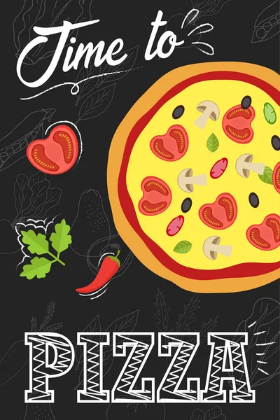 Dags att äta pizza. Svarta tavlan affisch. Vectro illustration. — Stock vektor