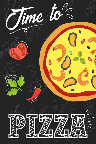 Dags att äta pizza. Svarta tavlan affisch. Vectro illustration. — Stock vektor