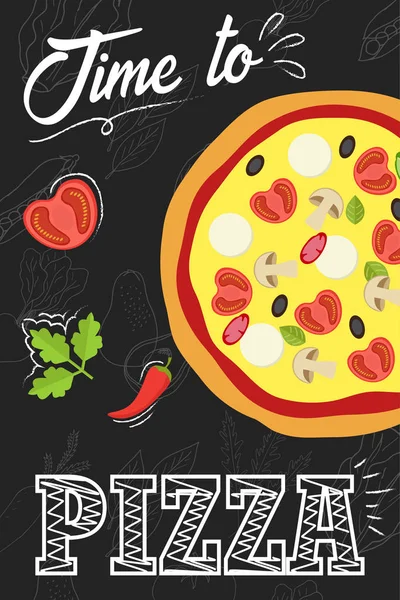 Está na hora de comer pizza. Cartaz de cartão. Ilustração Vectro . —  Vetores de Stock