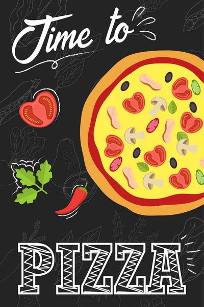 Tijd om te eten van pizza. Schoolbord poster. Vectro afbeelding. — Stockvector