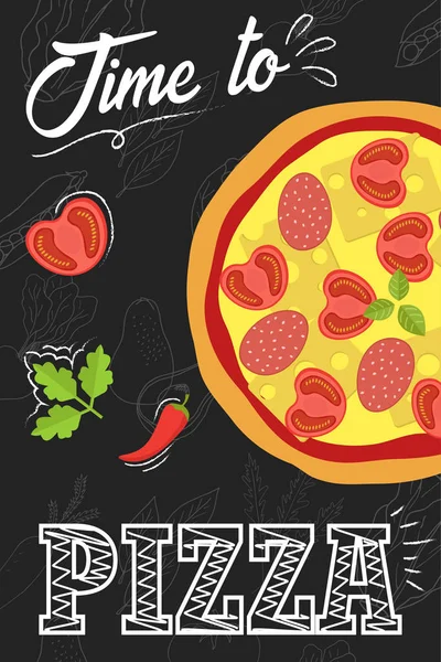 Está na hora de comer pizza. Cartaz de cartão. Ilustração Vectro . —  Vetores de Stock