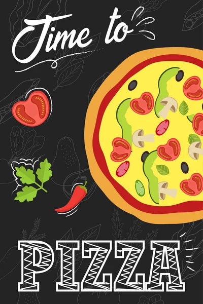 피자를 먹을 시간. 칠판 포스터입니다. Vectro 그림. — 스톡 벡터