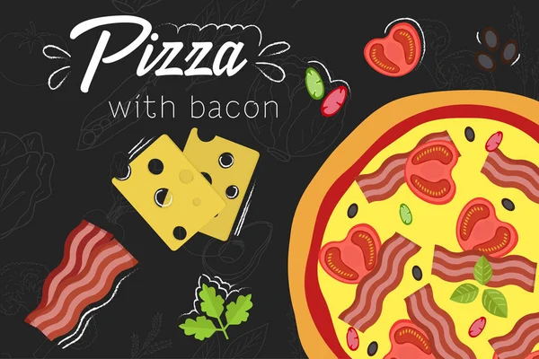 Przepis Pizza. Ilustracja płaski. Pizza na tle tablica. — Wektor stockowy