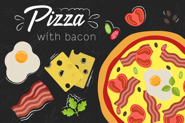 Receta de pizza. Ilustración de estilo plano. Pizza sobre fondo de pizarra . — Vector de stock