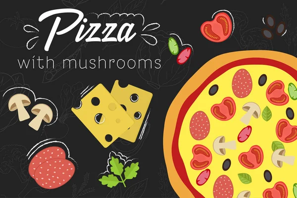 Pizzarezept. Flachbild-Illustration. Pizza auf Tafel Hintergrund. — Stockvektor