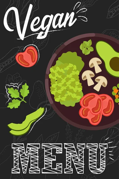 Koncept menu vegan. Zelenina vegan s ingrediencemi v plochém stylu. — Stockový vektor