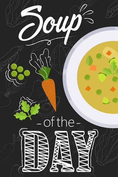 Soup of the day menu concept. Soup with ingredients in flat style. — Stock Vector