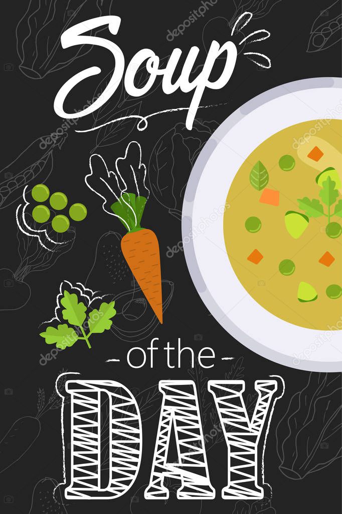 Soup of the day menu concept. Soup with ingredients in flat style.