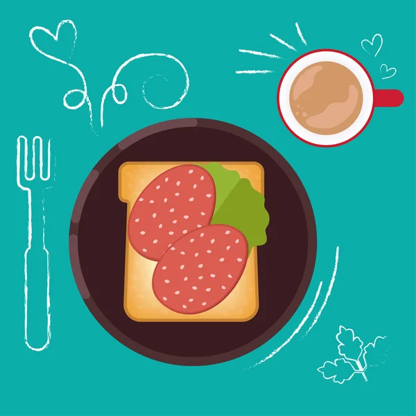 Set of breakfast food on bright background in flat design style. — Stock Vector
