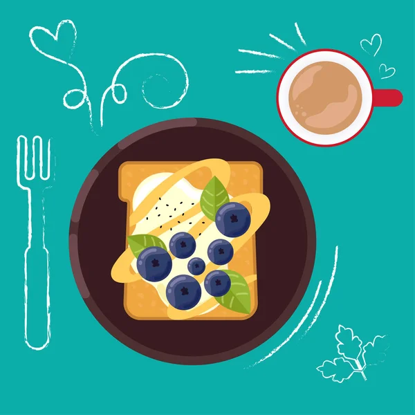 Conjunto de comida de desayuno sobre fondo brillante en estilo de diseño plano . Gráficos Vectoriales