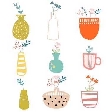 El çizilmiş ev bitkiler ve çiçekler. İskandinav tarzı