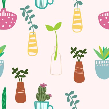 Elle çizilmiş ev bitkileri ve çiçekler. İskandinav stili illüstrasyon.