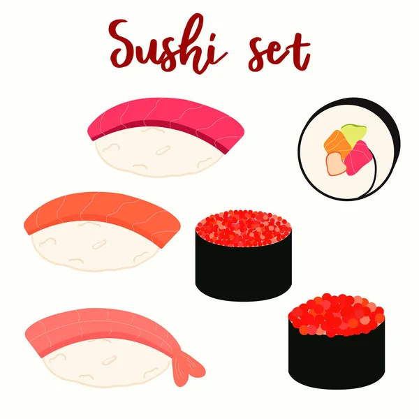 Set di icone di sushi. Cibo asiatico. Cibo in stile piatto . — Vettoriale Stock