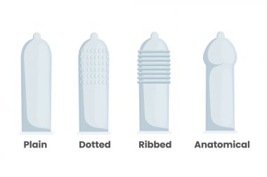 Erkek prezervatifi türleri. Düz nervürlü vektör illüstrasyon, 