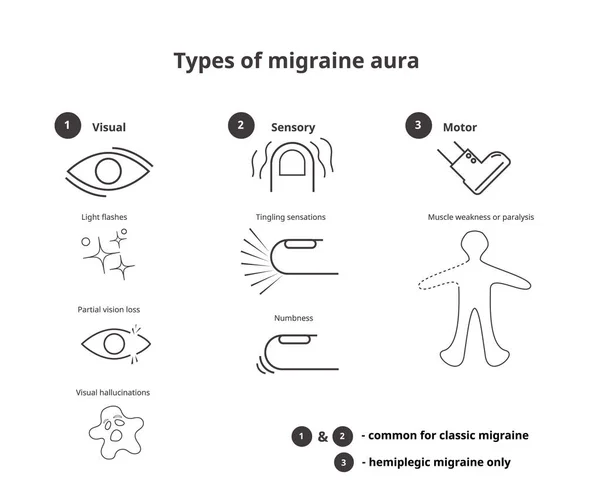 Migrén Aurájának Típusai Klasszikus Hemiplegiás Migrénvektor Infografikus Szenzoros Vizuális Motoros — Stock Vector